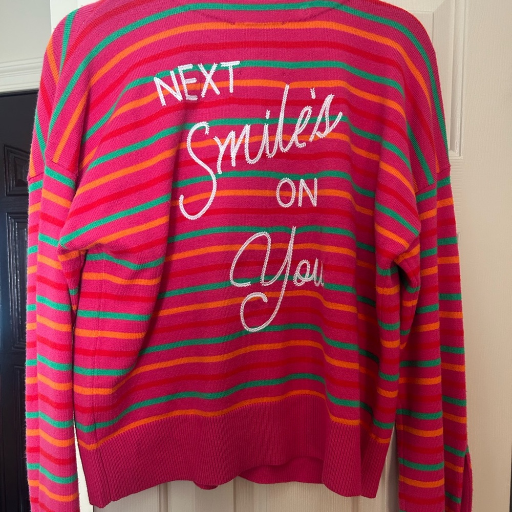 Keri rosenthal Vibrant Pink and Green Striped Crew Neck Sweater